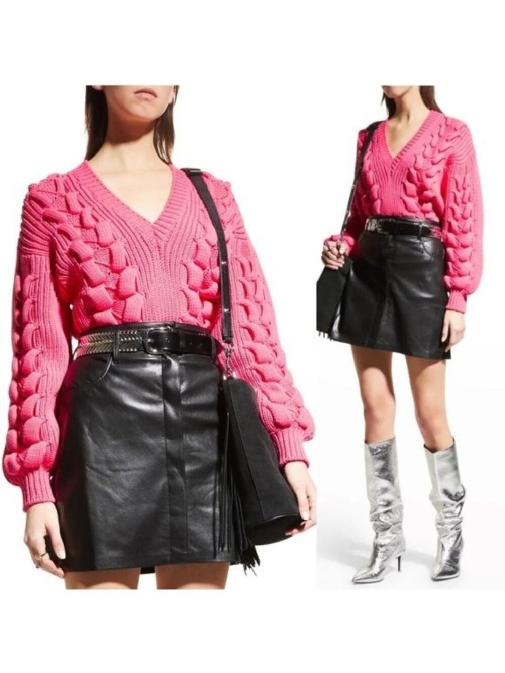 NEW IRO Arwy Chunky Cable Oversized V-Neck Sweater S 3D Knit Bubblegum Pink - Picture 2 of 13
